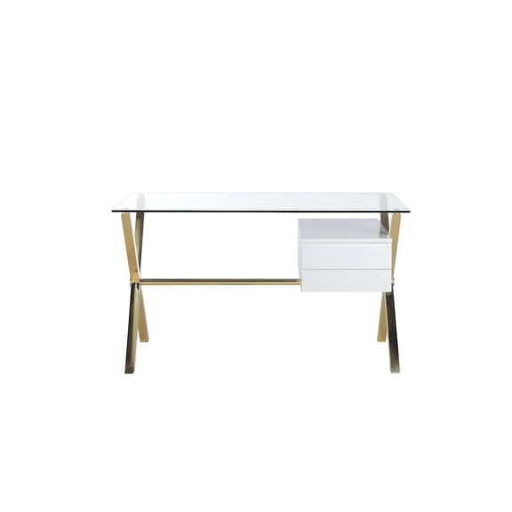 Pangea Home Beverly Small Glass & Polished Steel Desk in Gold/White and Clear