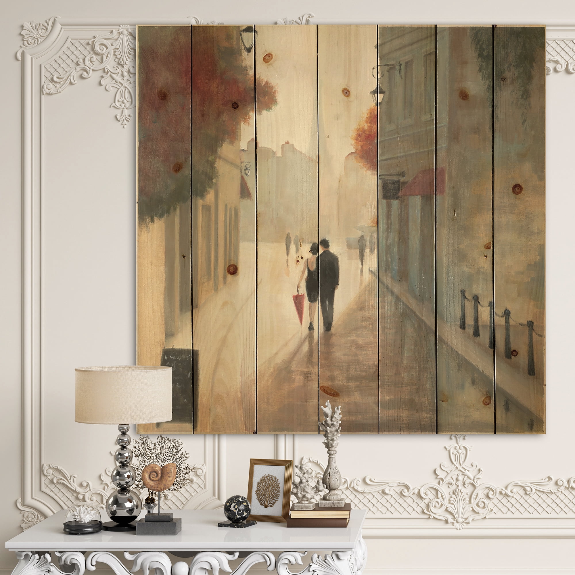 Designart 'Romance Couples in Paris II' Romantic French Country Print on Natural Pine Wood