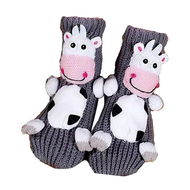 Calcetines de animales 3D, regalos de Año Nuevo, calcetines de punto antideslizantes para el hogar, la sala de estar y el dormitorio. Vaca gris