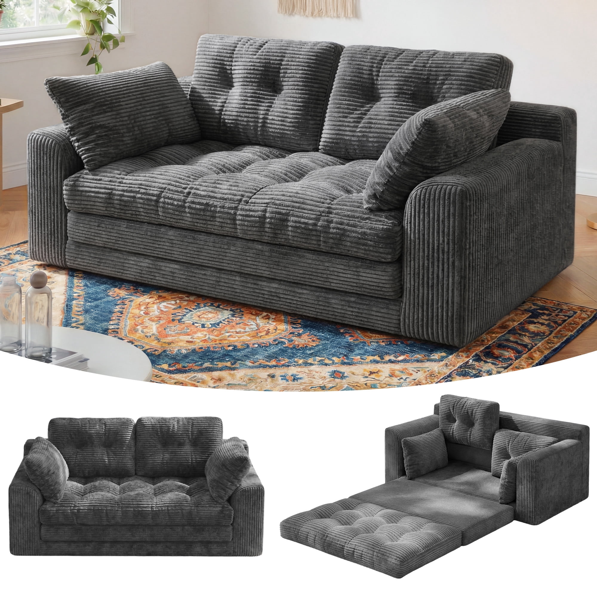 EnHomee 58.6" Foldable Sofa for Adult Loveseat Sofa Couch with Deep Seat Adjustable Floor Sofa Couch with 4 Pillows,Grey
