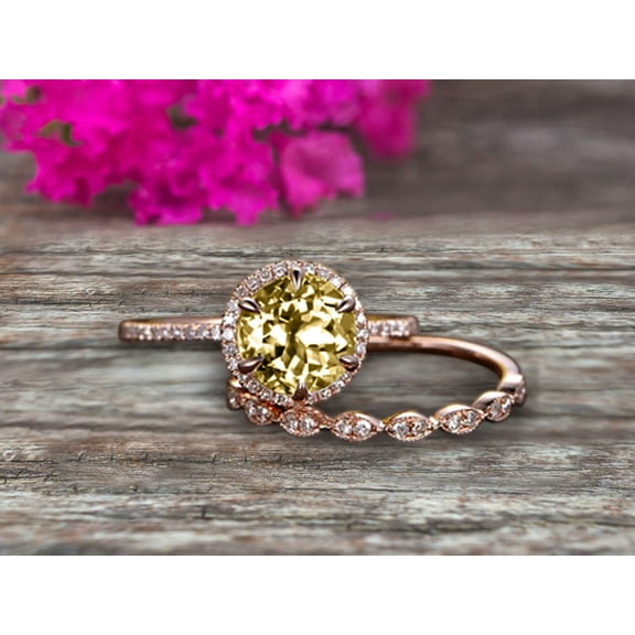 2.25 Carat 6mm Round Cut VS Champagne Diamond Moissanite Engagement Ring Set 10k Rose Gold Milgrain Band Halo Anniversary Gift Personalized for Brides