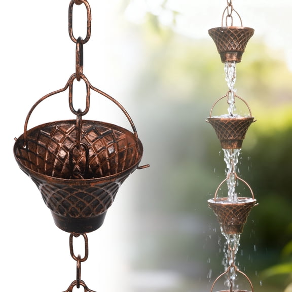 Copper Rain Chain for Gutters, 8.5 ft Rain Catcher Chain with 12 Decorative Cups, Decorative Outdoor Gutter Downspout Replacement, Weather-Resistant Garden Outside Water Diverter
