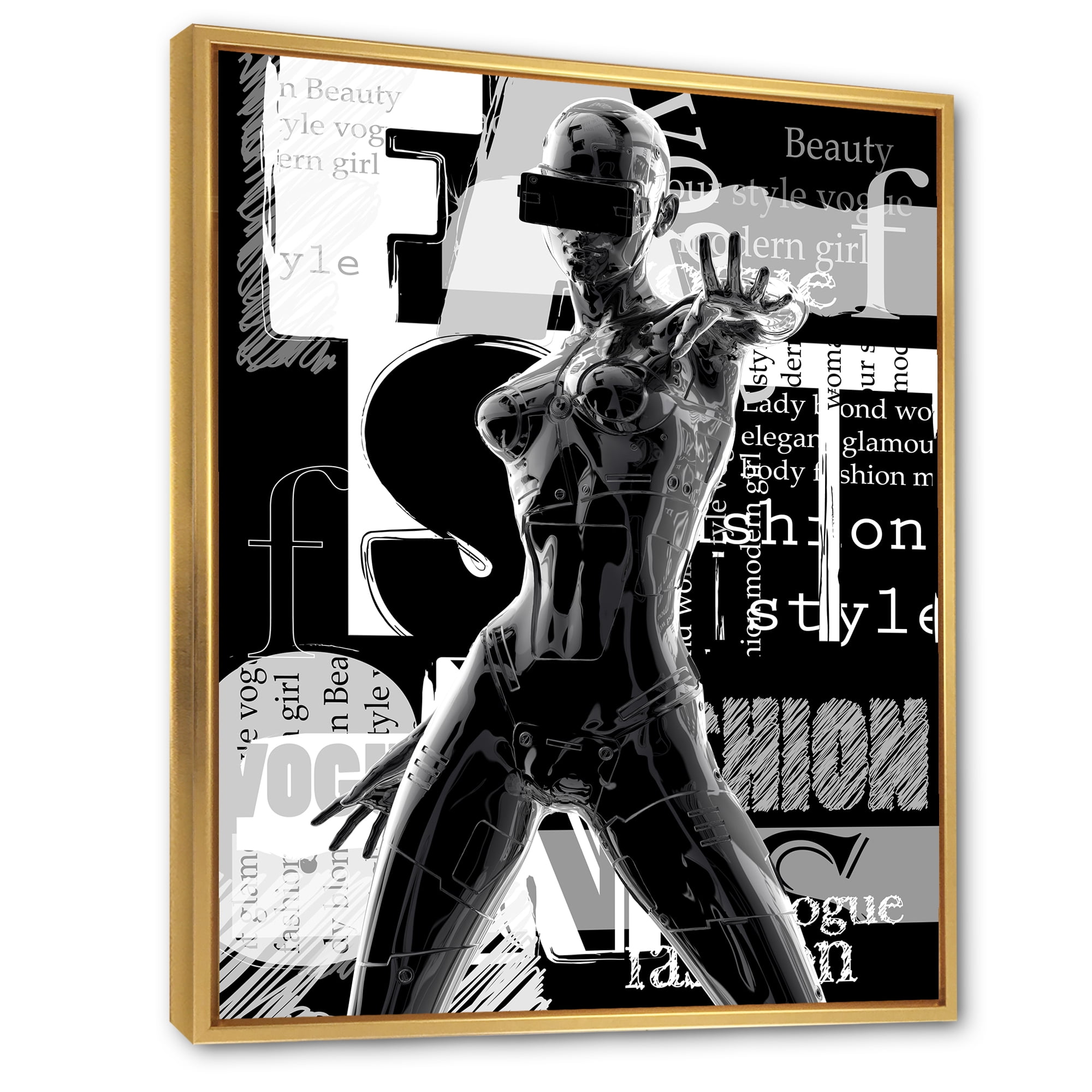 Designart 'Black and White Cyborg Body II' Modern Framed Canvas Wall Art Print