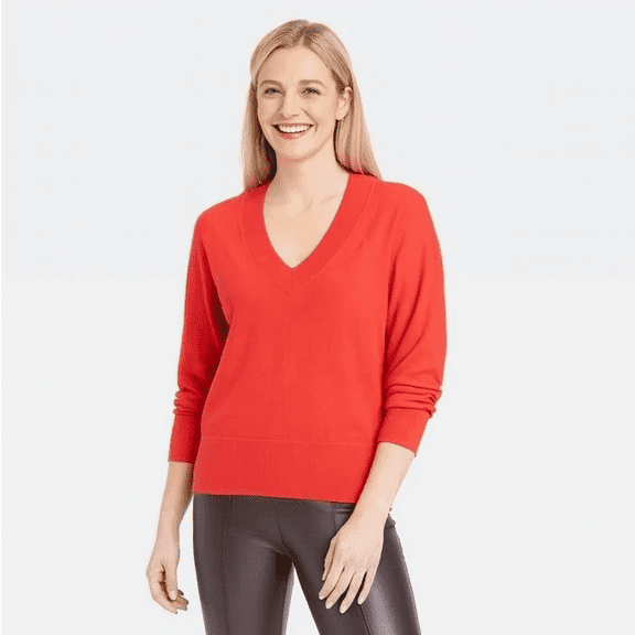 Women's Fine Gauge V-Neck Pullover Sweater Red Knit Long Sleeve Size Large