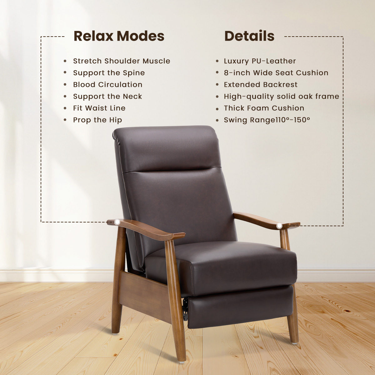 AFO Mid Century Recliner Chair Set of 2, Leather Push Back Armchair with Retractable Footrest, Solid Wood Legs, High Back Lounge Chair for Living Room, Chocolate