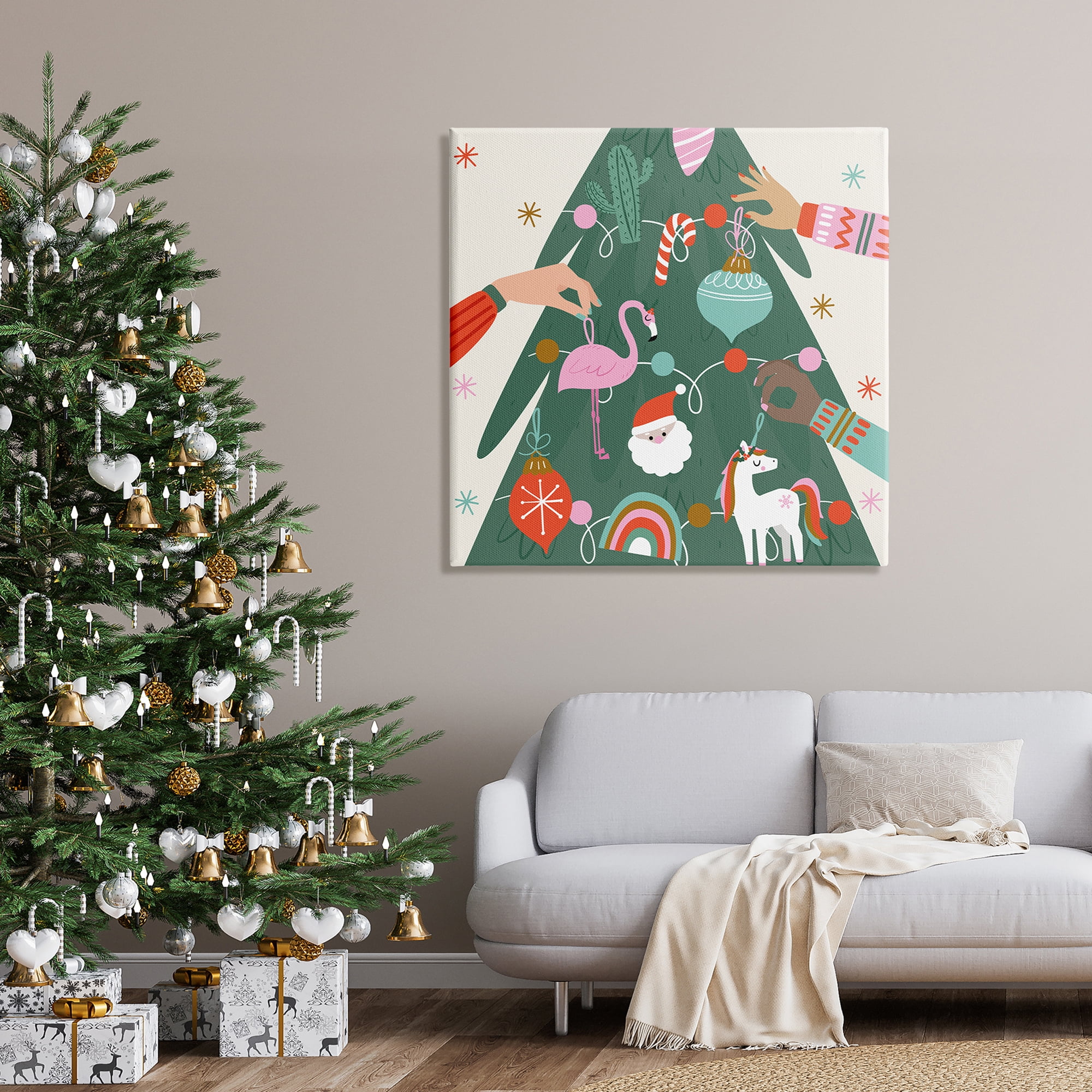 People Decorating Christmas Fir Tree Cheerful Ornaments Holiday Graphic Art Gallery-Wrapped Canvas Print Wall Art