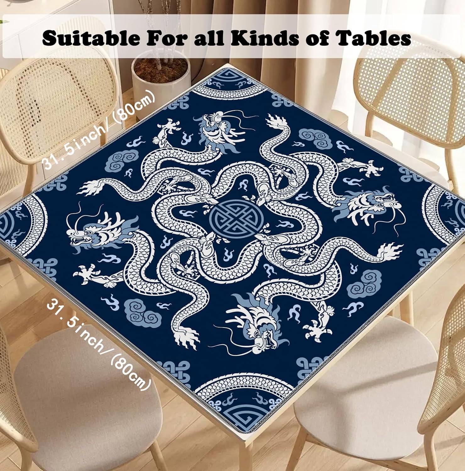 Blue Chinese Dragon Mahjong Mat 31.5" x 31.5", Vintage Oriental Chinoiserie Non-Slip Noise Reduction Mahjong Table Cover Accessories Supplies for Dominoes Poker Card Board and Tile Games Gifts