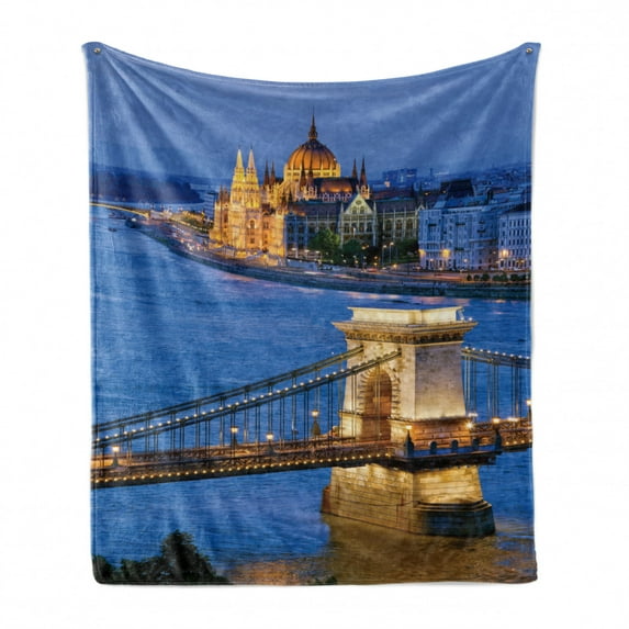 European Soft Flannel Fleece Throw Blanket, River of Budapest at the Evening Tranquil Bridge Hungarian Culture Heritage, Cozy Plush for Indoor and Outdoor Use, 70" x 90", Multicolor, by Ambesonne