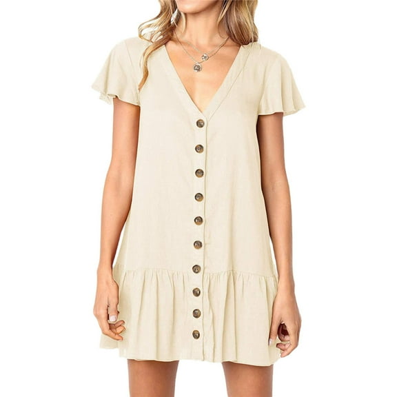 Womens Cute V Neck Short Sleeve Loose Fit Ruffle Mini Dress