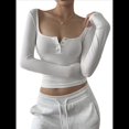 thumbnail image 2 of Camisetas Henley de Larga para Mujer, de Verano y Otoño, con Botones, de Punto Acanalado, Corte Entallado, Blusas Básicas Informales. L, 2 of 9