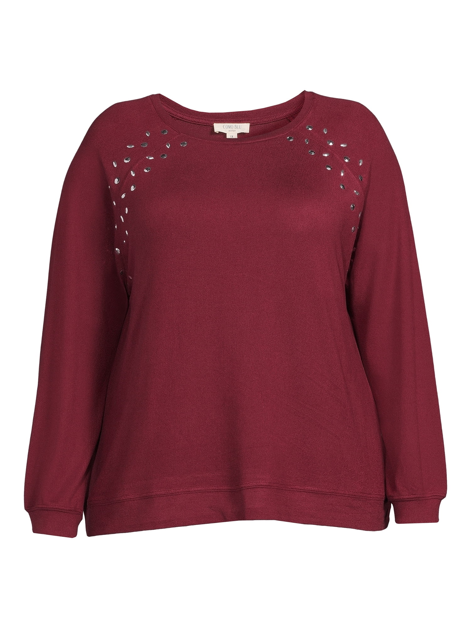 Como Blu Women's Plus Size Rhinestone Trim Sweatshirt with Raglan Sleeves