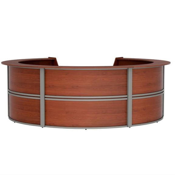 Round Reception Desk 142" x 133", Curved Counter Desk, Reception Desk with Counter, 2 Person Reception Station, Modern Front Desk for Office, Clinic, Lobby, Cherry, With Assembly