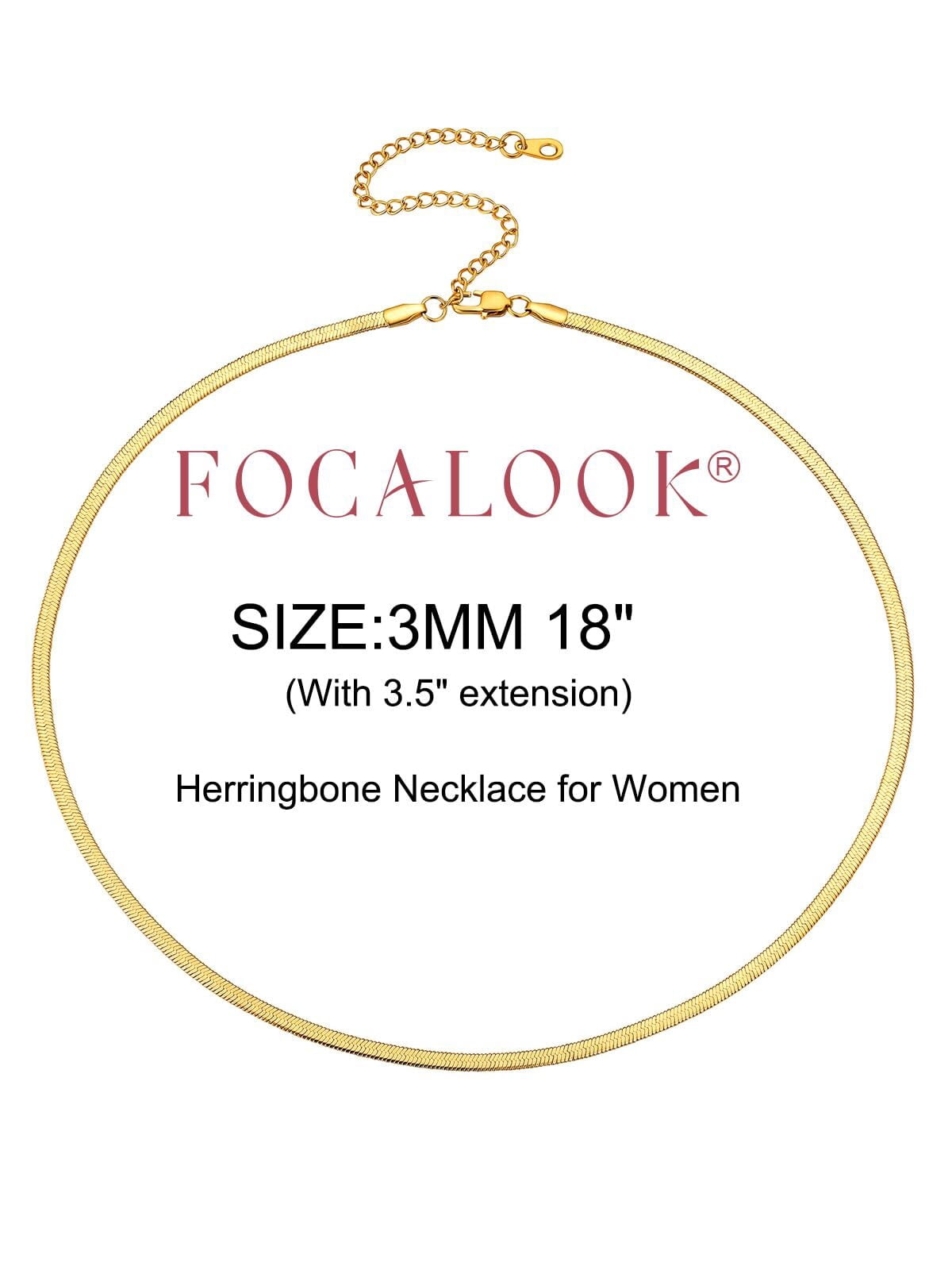 FOCALOOK Flat Snake Chain for Women Stainless Steel Gold Plated Herringbone Choker Necklace Jewelry Birthday Christmas Valentine's Day Gifts 3MM 18 Inches