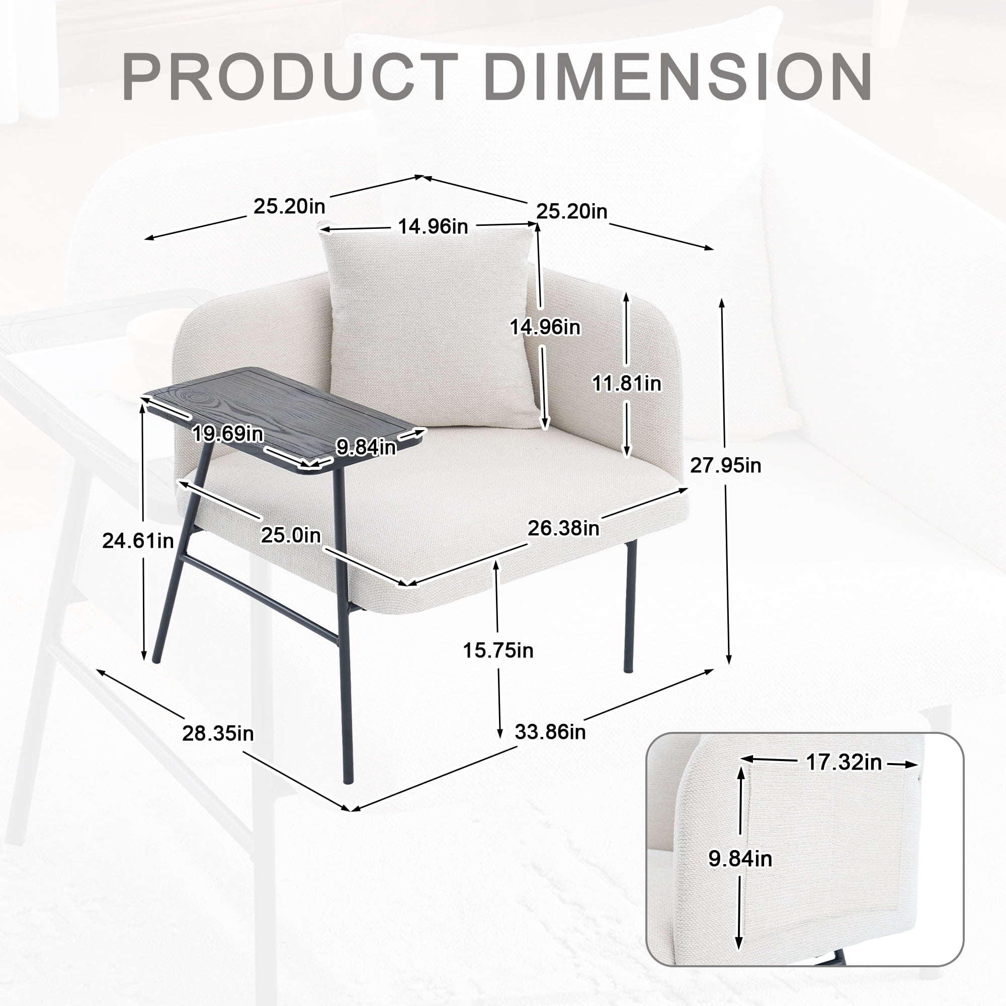Leisure Lounge Chair with Side Table and Back Pillow, Modern Upholstered Accent Armchair Single Sofa with Metal Legs and Side Pockets, Living Room Bedroom Reading Seating, Beige