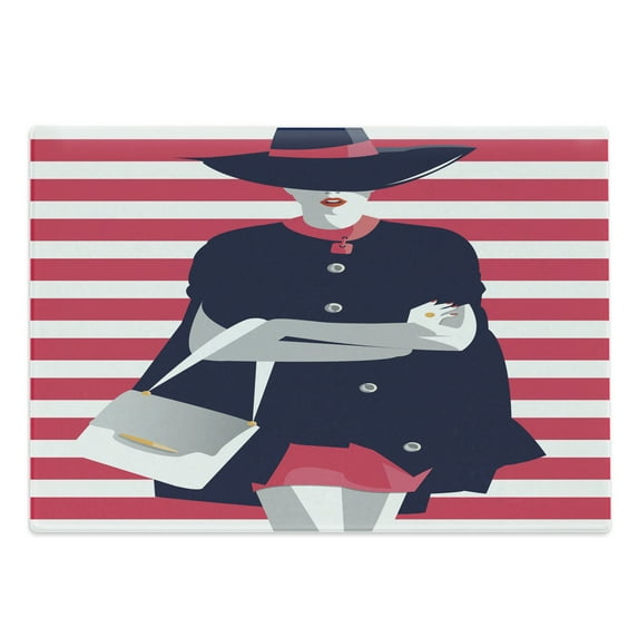 Abstract Woman Cutting Board, Sense of Retro Fashion Girl on Stripes, Decorative Tempered Glass Cutting and Serving Board, in 3 Sizes, by Ambesonne