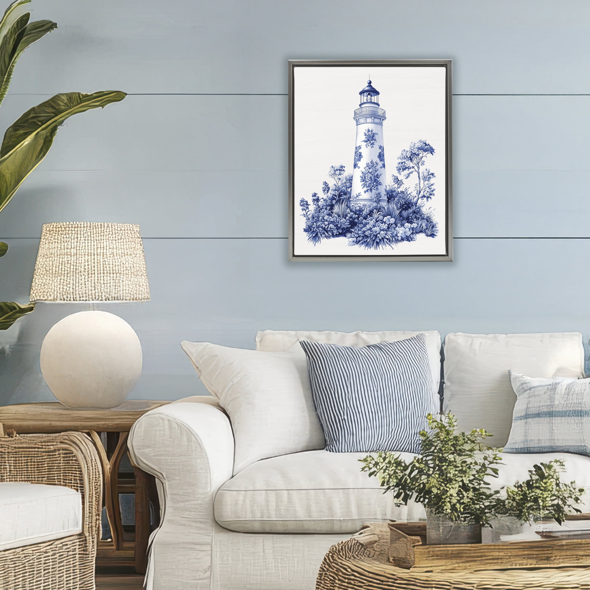 Toile Patterned Lighthouse Gray Framed Floater Canvas Wall Art, design by Lettered and Lined