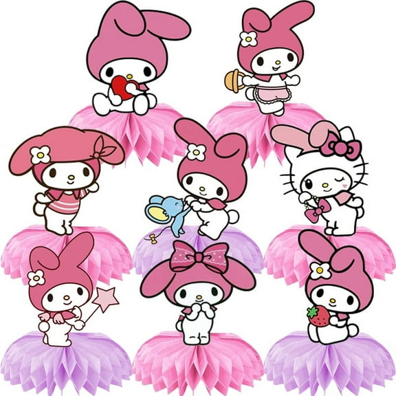 8Pcs My Melody Theme 3D Double Side Honeycomb Centerpieces Table Toppers,Cartoon Birthday Party Decorations Supplies for kids.