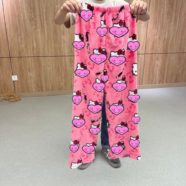 Pantalones de pijama de franela con dibujos de gatos KT, pantalones gruesos para mujer, otoño e invierno, nuevo estilo, pantalones informales cálidos de felpa para el hogar, Hello Kitty