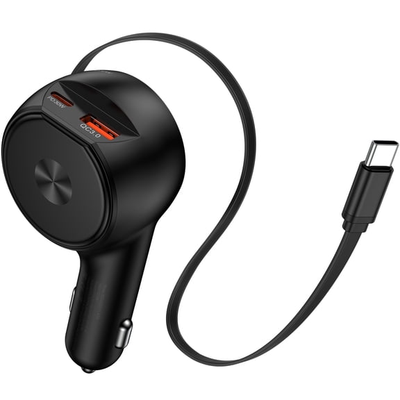 Retractable Car Charger,78W HopePow 3 in 1 Retractable Car Charger with Type C Cables USB C Car Charger Fast Charging Car Charger Adapter Compatible with iPhone 17 16 15 Pro Max,Black