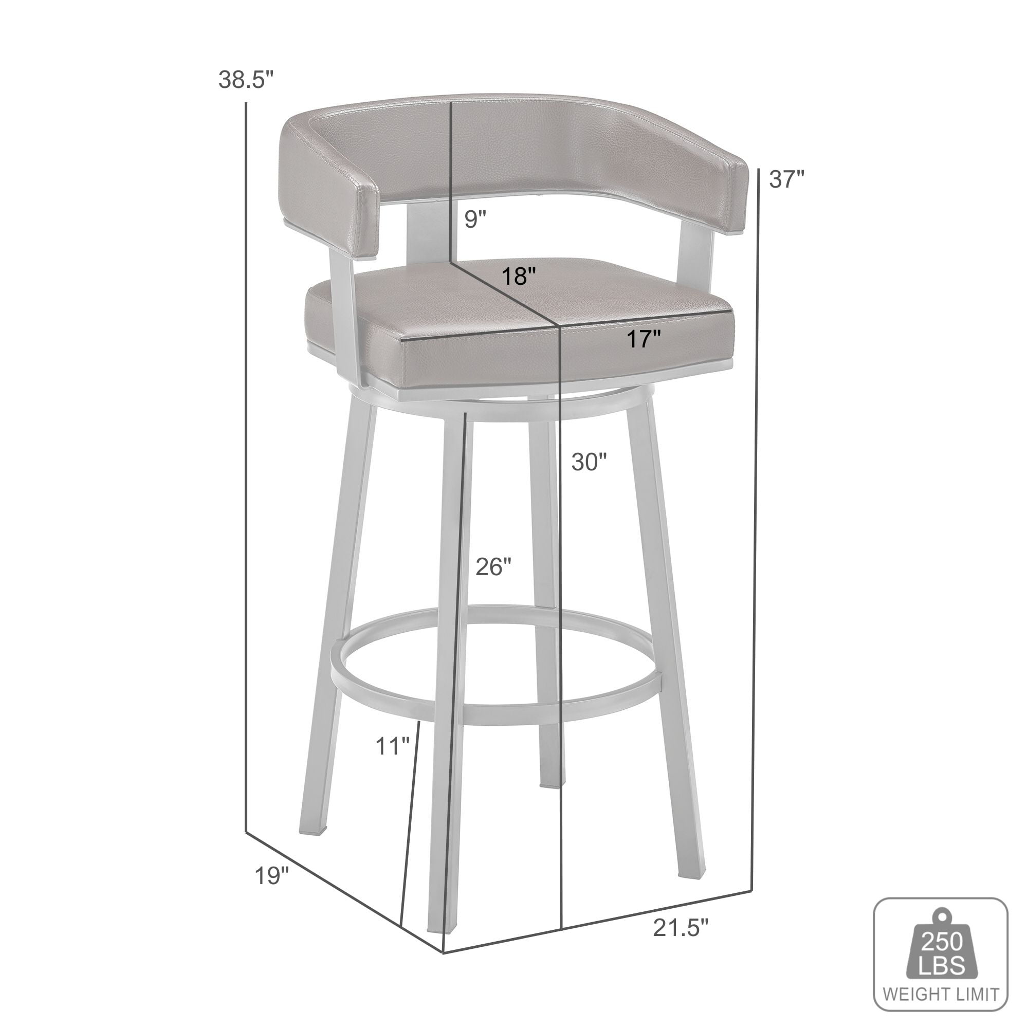 Armen Living Lorin30" Black Faux Leather and Brushed Stainless Steel Swivel Bar Stool