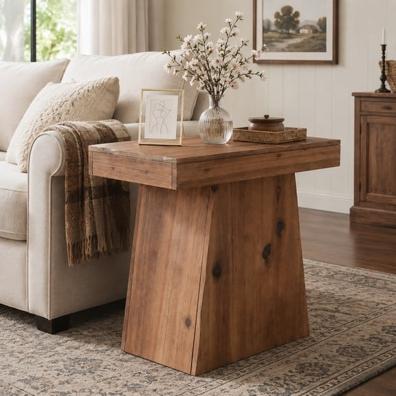 Fnova 23.6" Solid End Table with Trapezoid Base, Farmhouse Wood Side Table, Brown