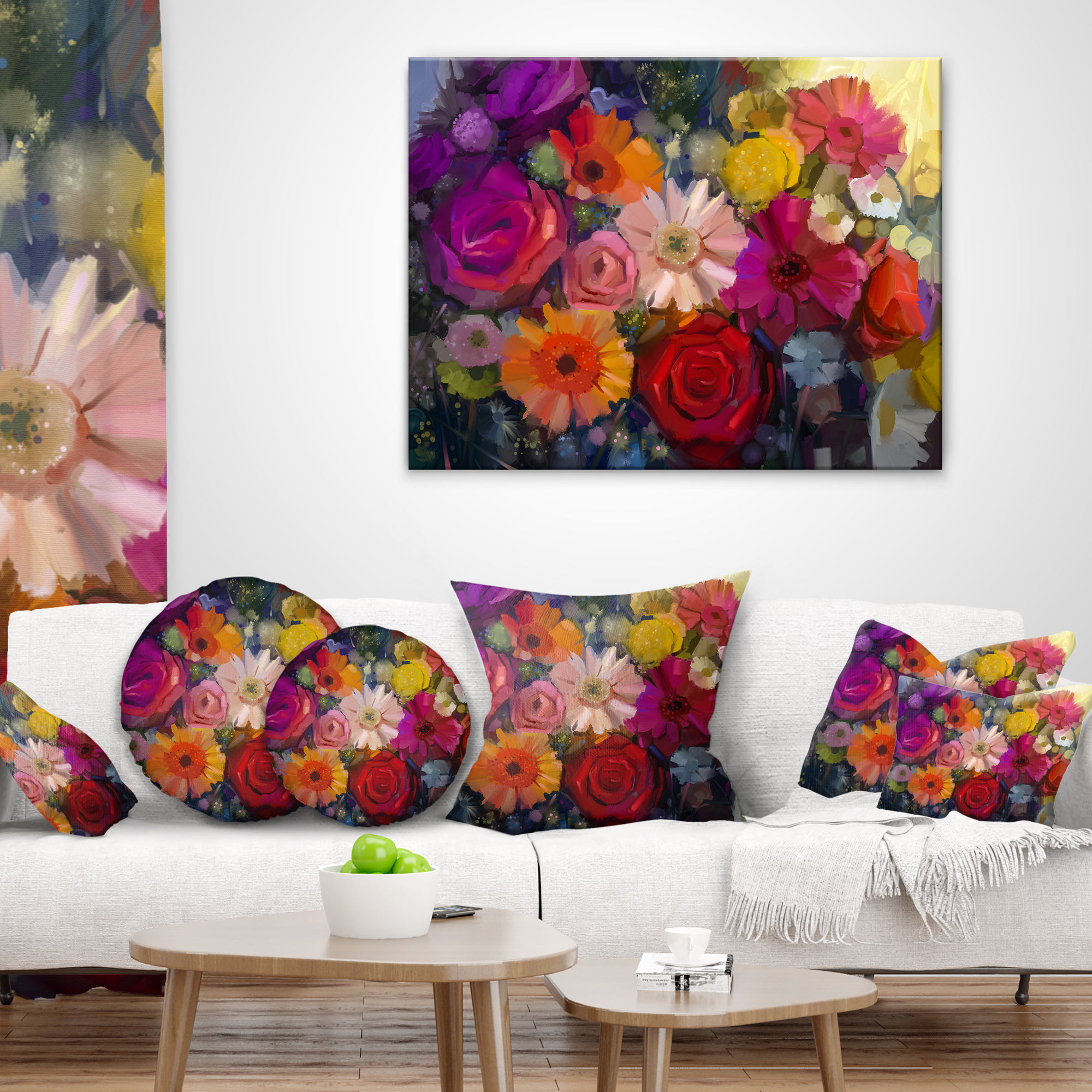 Designart Bouquet of Rose Daisy and Gerbera - Floral Throw Pillow - 18x18