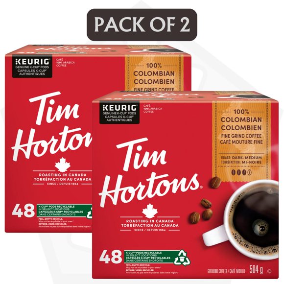 Pack of 2 – Tim Hortons Colombian Medium Roast Coffee, Single Serve K-Cup Pods, 48 Count Each (Total 96 Pods) – Compatible with Keurig Coffee Makers