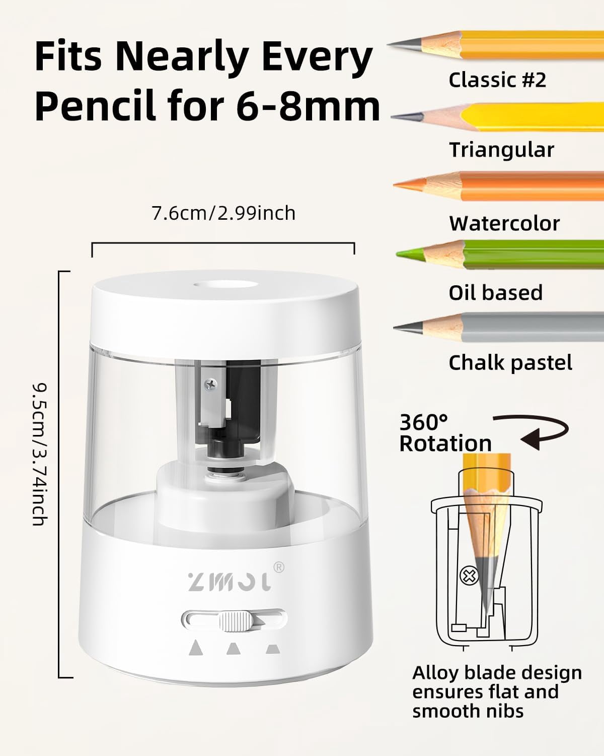 ZMOL Electric Pencil Sharpener for 6-8MM Pencils - Auto Desk Sharpener, Classroom & Home Use (Colored Pencils OK)