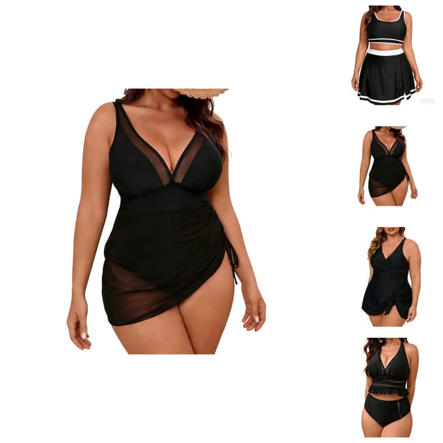 Womens Swimsuits Tankini Plus Size Deep V Neck Slimming Tummy Control Swim Dress with Bottom 2 Piece Bathing Suits for Women