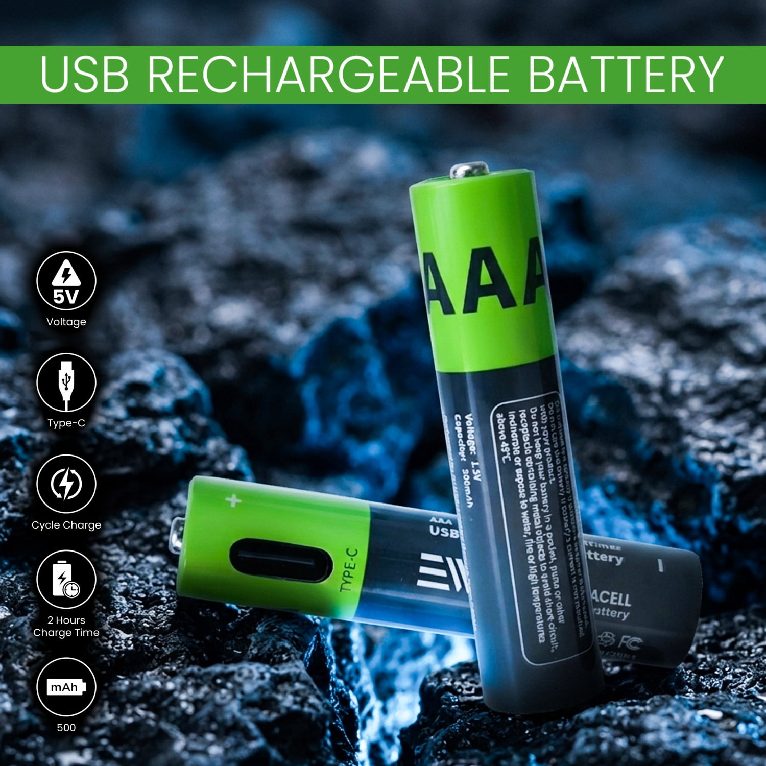 Electronic World AAA Rechargeable Batteries 4 Pack, USB-C Lithium Ion Triple A Batteries, Fast Charging Cable, Long Lasting Power for Remote, Mouse, Flashlight, Toys & Household Devices