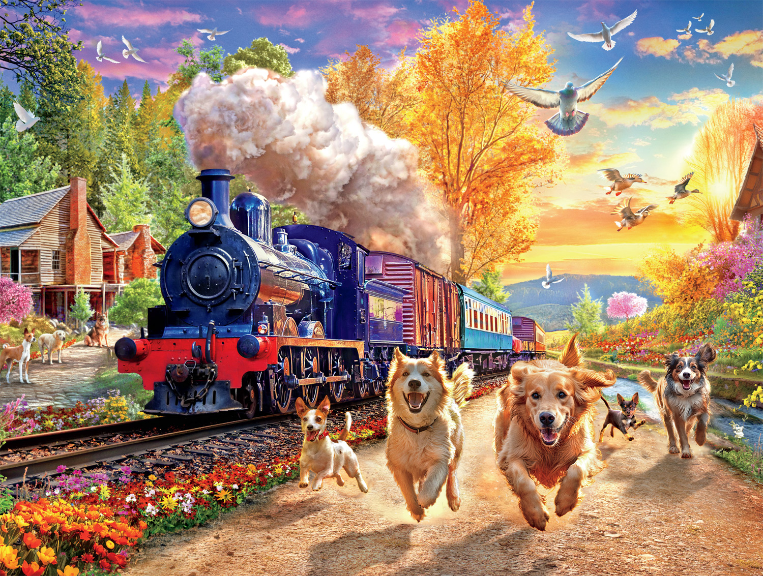 Buffalo Games 750-Piece Dog Days Racing the Train Adult Interlocking Jigsaw Puzzle