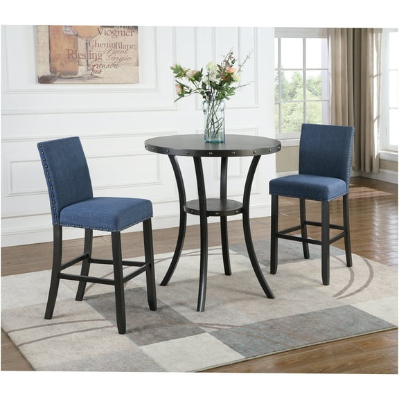 JERFIT 36 Inch Round Bistro Table Set with 2 Bar Stools, Espresso Brown Metal and Wood Pub Height Dining Set for Kitchen, Breakfast Nook or Bar