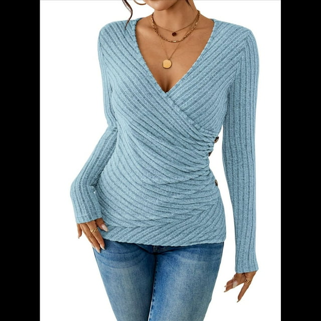 Camisa de Larga para Mujer, Cuello en V, Punto Acanalado, Suéter Ajustado con Botones, Blusa Informal de Trabajo para Otoño Azul XL