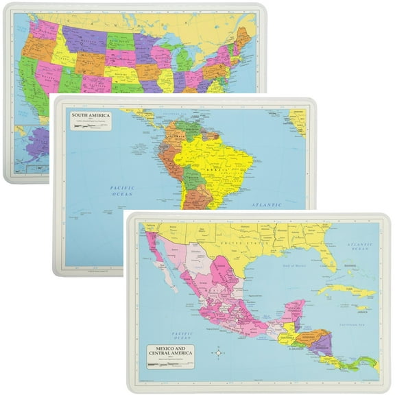 Painless Learning Educational Placemats Sets USA South America and Mexico Central America Maps Non Slip Washable