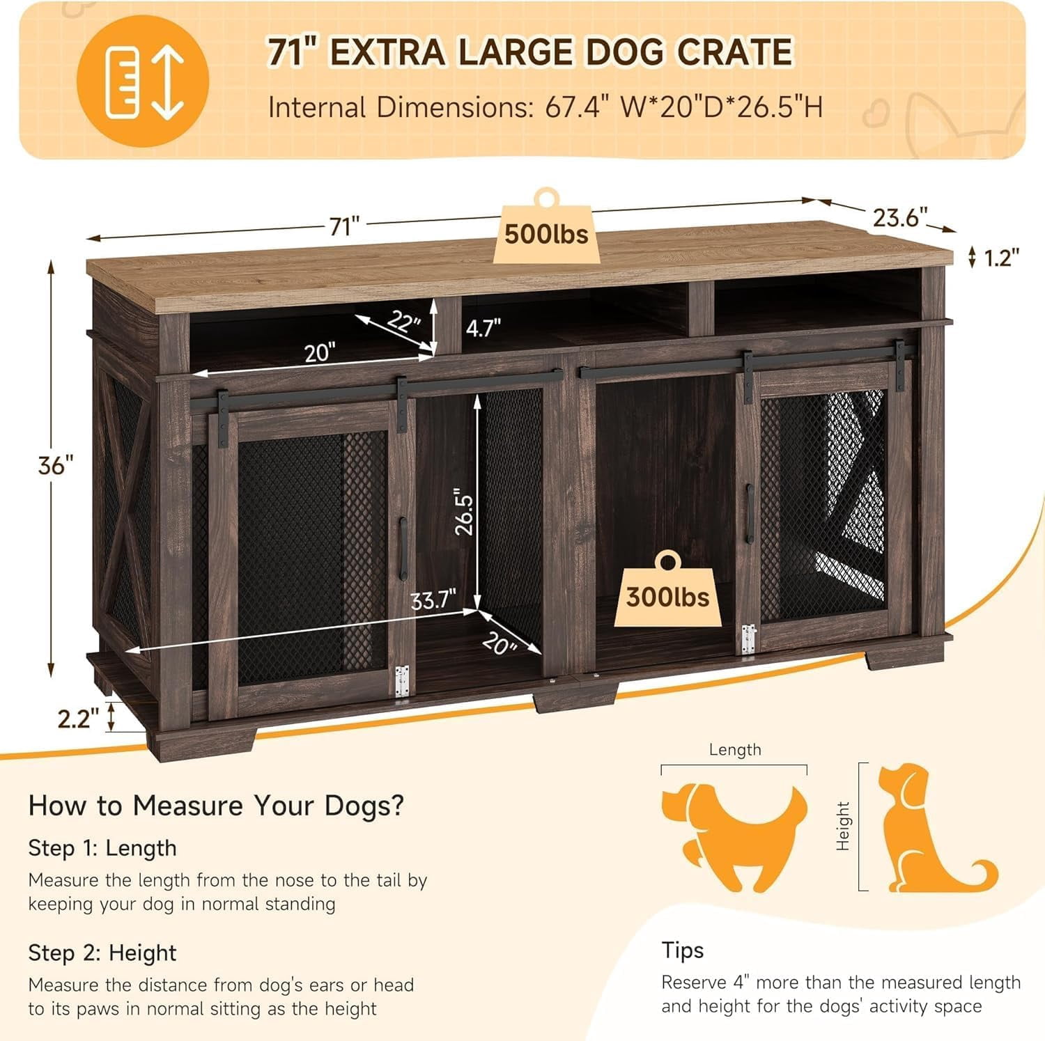 EastVita Heavy Duty Dog Crate Furniture Kennel with Removable Divider for Large Dog, Versatile Dog House with Sliding Door and Storage Cubby for 2 Dogs