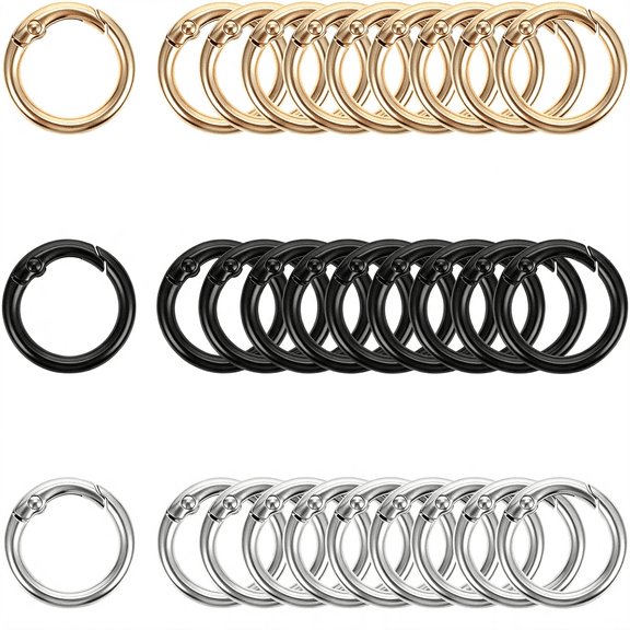 DESIGNICE 30 Pcs Crochet Bag Rings Trigger Spring O Set Circle Carabiner Metal Round Clips Replacement Snap Buckle for Keychains Bags Purses Handbags Strap Diy Crafts Gold, Silver, Black