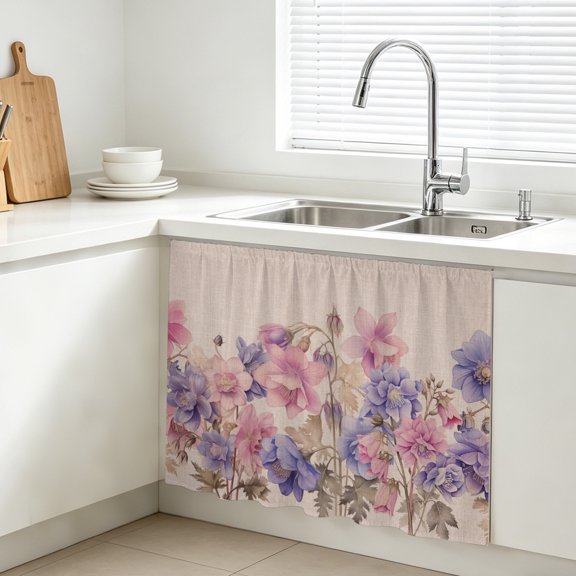 Spring Farmhouse Cabinet Curtain, Style Plant Pink Purple Flowers Linen Texture Sink Skirt for Bathroom, Under Sink shelf Curtain Privacy Drape for Kitchen Laundry Room 10x11in