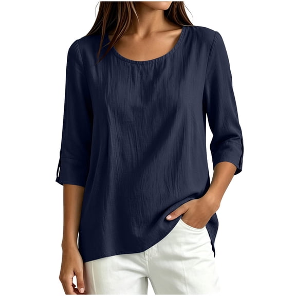 Lmueinov 3/4 Sleeve Length Tops for Women 100%Cotton Solid Crew Neck Casual Tunic Shirts Lightweight Pullover Blouses for Summer Fall Daily Vacation