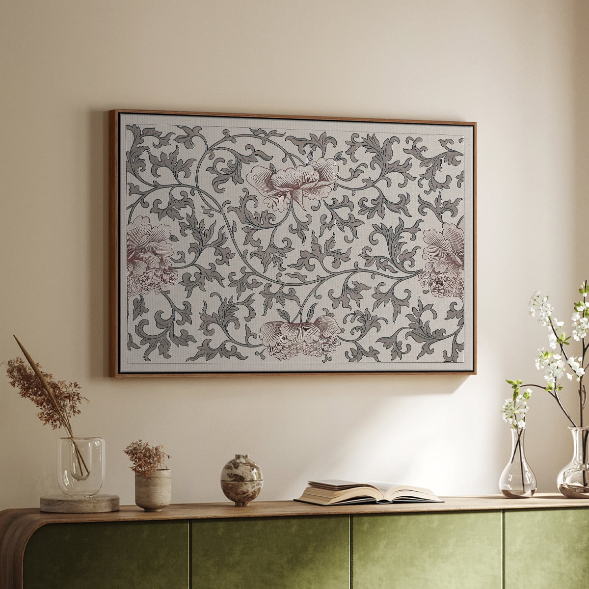 Vintage Abstract Print-XVII Framed in Walnut Wood Gallery Wrapped Canvas 17 in. x 25 in.