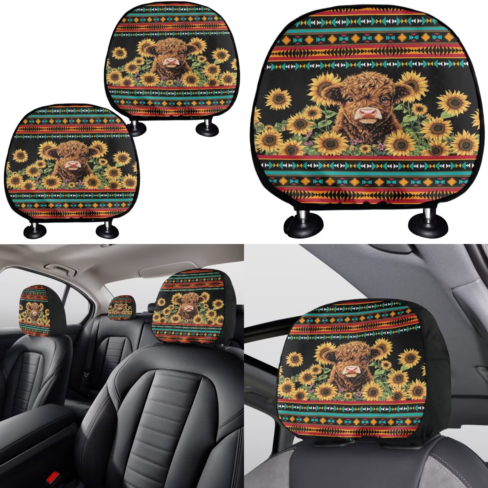 Garronmavis Aztec Highland Cow Sunflower Car Seat Covers Full Set Steering Wheel Wrap Gear Shift Cover Handbrake Sleeve Headrest Protectors Cup Coaster Set of 11 Decor Interior Protector