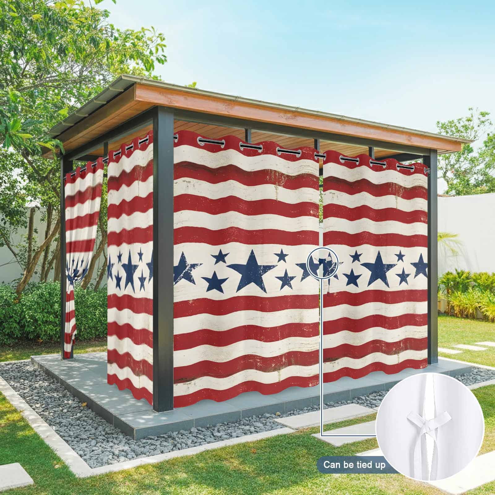 Independence Day Outdoor Curtains for Patio, Vintage Country Blue Stars Red Stripes Sunshade Privacy Drapes Grommet Waterproof Outside Curtains for Porch/Cabana/Balcony 54"x 108", 1 Panel