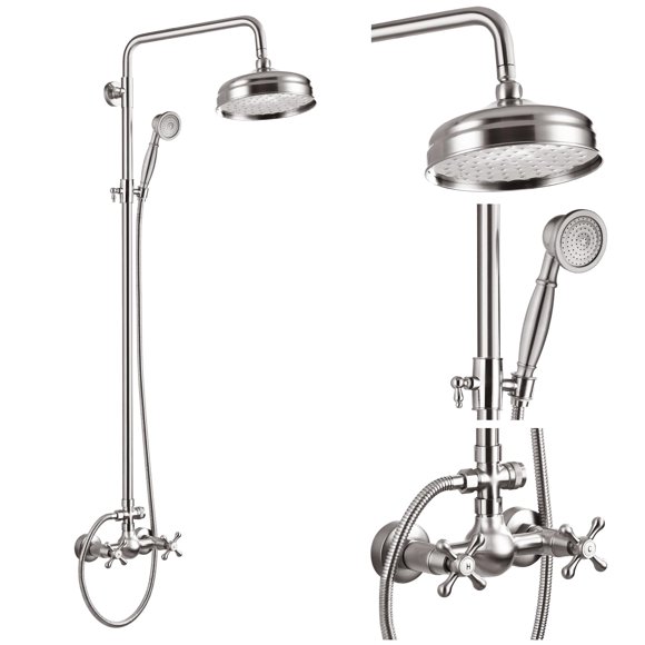gotonovo Bathroom Exposed Shower Fixtures 8 Inch Rain Showerhead Double Cross Handles 2 Function Wall Mount Shower Faucet Set, Brass Handheld Spray, Brushed Nickel