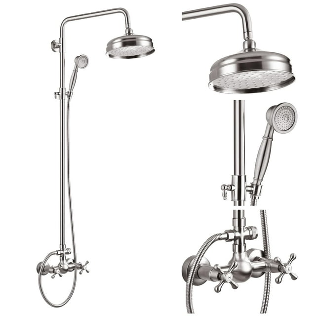 gotonovo Bathroom Exposed Shower Fixtures 8 Inch Rain Showerhead Double Cross Handles 2 Function Wall Mount Shower Faucet Set, Brass Handheld Spray, Brushed Nickel