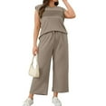 thumbnail image 4 of 2 Piece Sets for Women Summer Lounge Sets Travel Vacation Outfits Cap Sleeve Sweatsuit Wide Leg Pants Khaki 2XL, 4 of 6