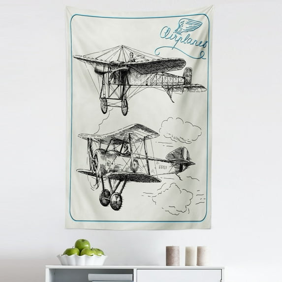 Nostalgic Tapestry, Classic Nostalgic Planes Aircraft Propeller in the Sky Fast Travel Wings Sketch, Fabric Wall Hanging Decor for Bedroom Living Room Dorm, 5 Sizes, Blue Black, by Ambesonne