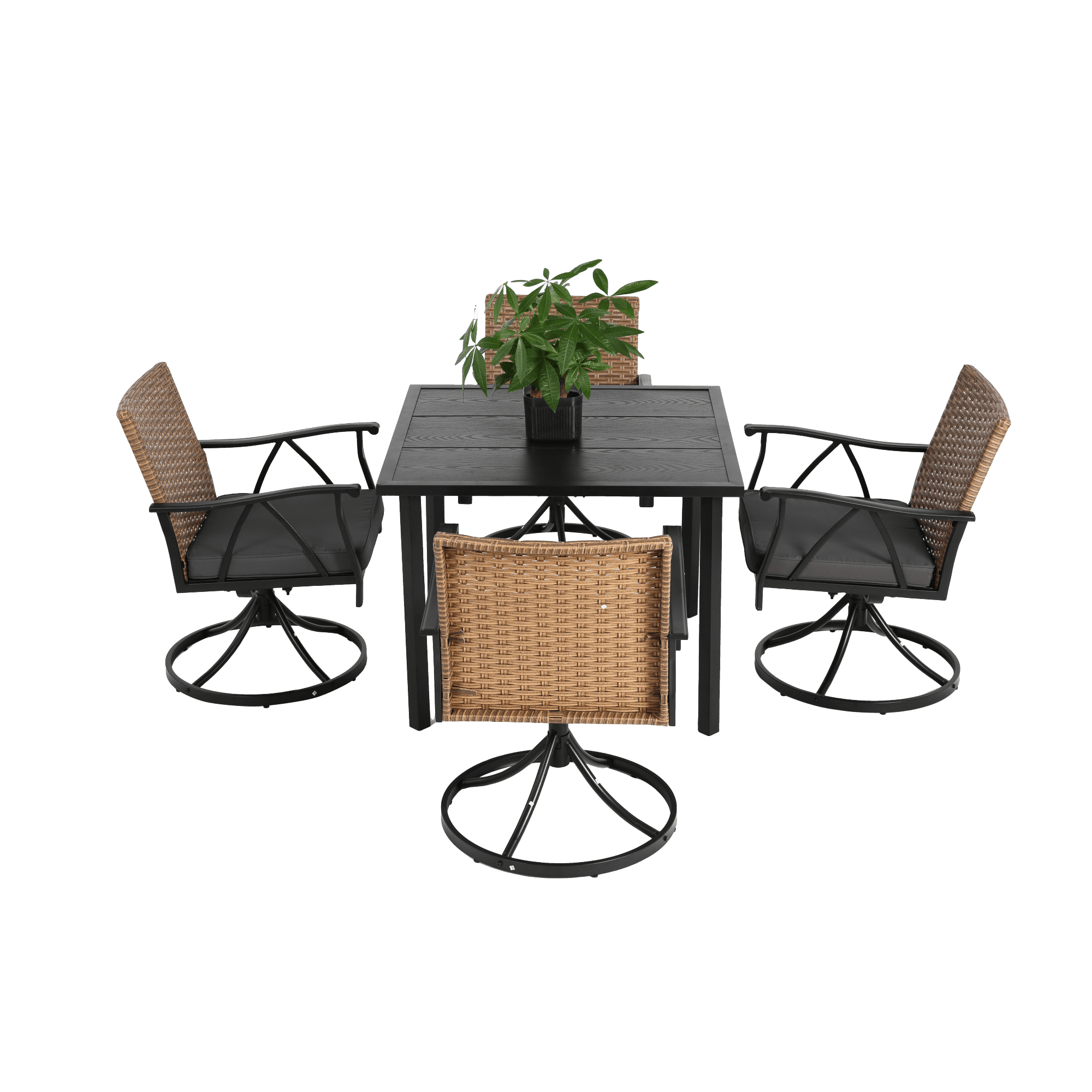 5 Piece Patio Dining Set,Outdoor Wicker Furniture Set with 4 Cushions Swivel Rocker Chairs,Steel Table Top,Removable Cushions for Backyard Garden Deck Poolside,Brown+Gray