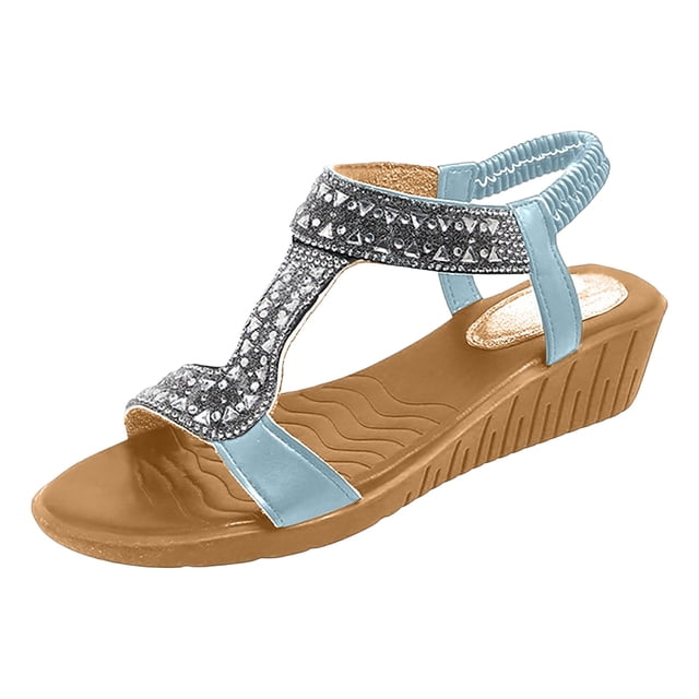 Summer Platform Sandals Rhinestone Strap Adjustable Ankle Wrap Open Toe Comfortable Heel for Summer Casual Shopping Vacations