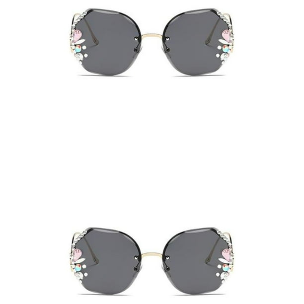 Qarigey Gafas de sol Retro sin marco para mujer, gafas de sol con degradado con incrustaciones de diamantes de imitación de gran tamaño, Negro 2Conjunto
