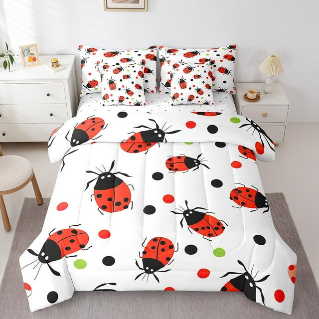 YST Rouge Ladybug Ensemble de Literie 7 Pcs Format Double, Ensemble de Douillette Coccinelles Dessin Animé pour Enfants Garçons Filles, Drap-Housse Coccinelle Reptile, Mignons Coléoptères Bugs Animal Sauvage Ensemble de Literie Déco de Chambre