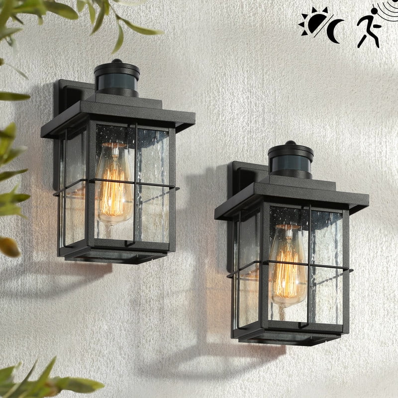 LNC 2-Pack Motion Sensor Outdoor Wall Lanterns, Seeded Glass, Dusk to Dawn, Black, 10.5" H